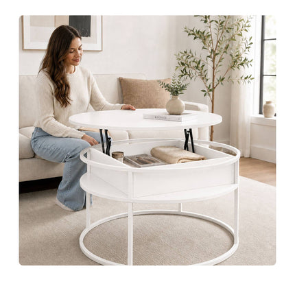 Lift-Top Coffee Table with Storage – White, MDF & Metal