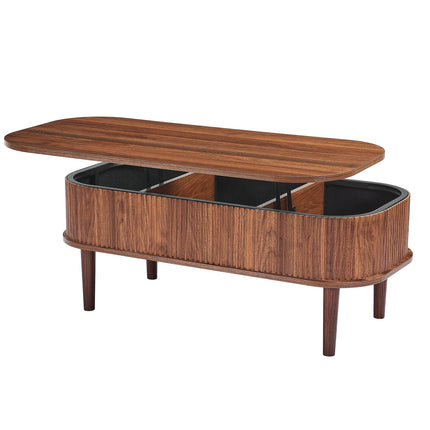 Lift Top Oval Coffee Table, Fluted Walnut, 3 Storage