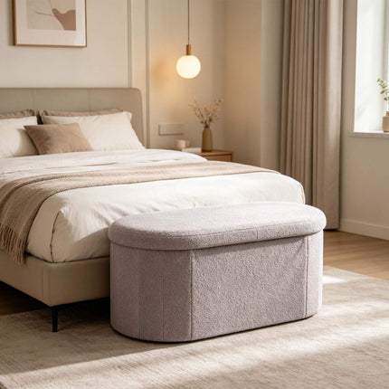 Light Grey Teddy Fabric Storage Bench – 76 cm Oval