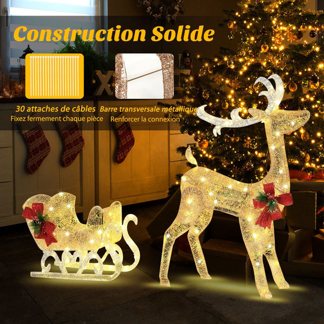 Lighted Reindeer and Sleigh, 100 Warm White LED Lights – Indoor Outdoor