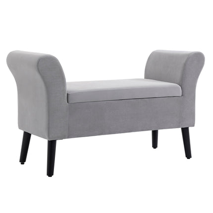 Light gray velvet upholstered bench with storage - modern design