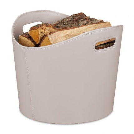 Light gray wooden basket in imitation leather