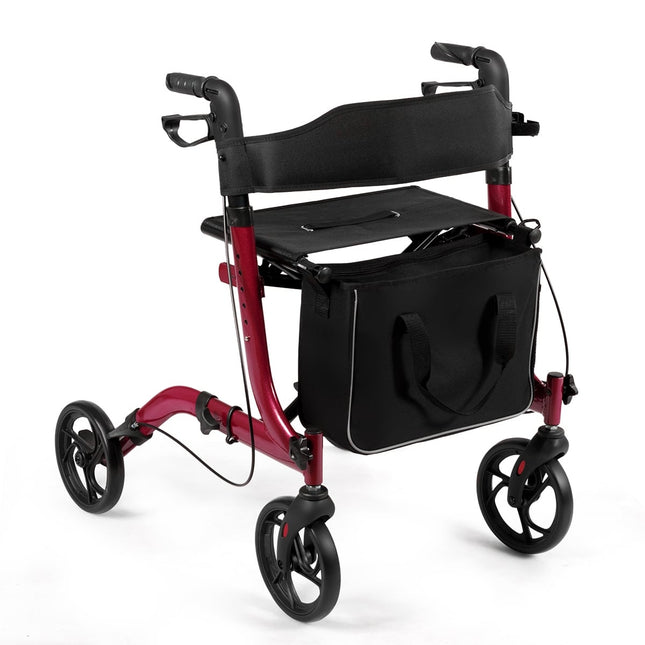 Lightweight Foldable Rollator, Adjustable Height, Red