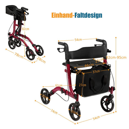 Lightweight Foldable Rollator, Adjustable Height, Red