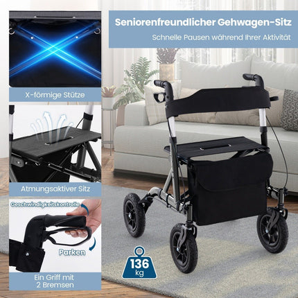 Lightweight Foldable Rollator with Seat, 136 kg Capacity