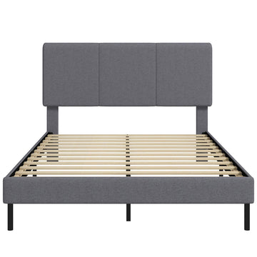 Linen-Look Bed Frame 140 x 200 cm with Adjustable Headboard, Dark Grey, 12 Slats