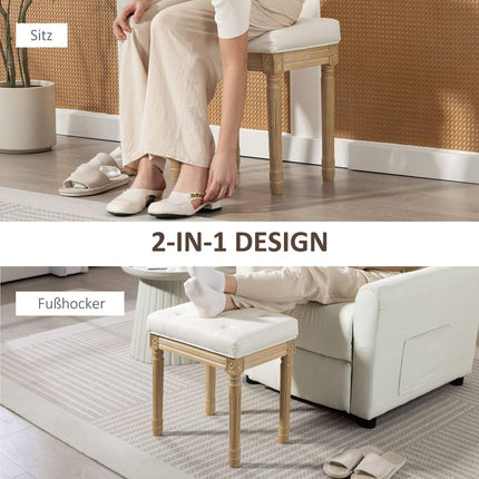 Linen Ottoman Bench, Padded Seat, Wood Legs, 42x32x46.5 cm, Beige