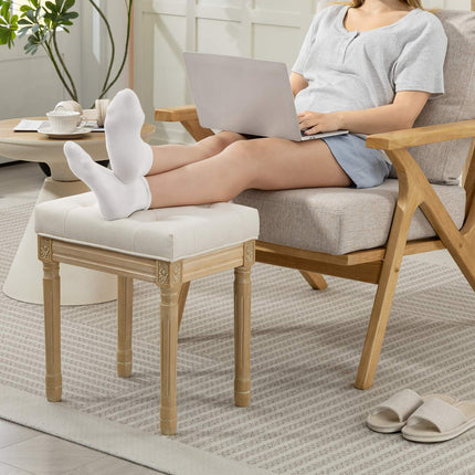 Linen Ottoman Bench, Padded Seat, Wood Legs, 42x32x46.5 cm, Beige