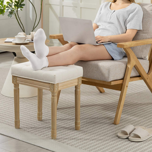 Linnen Ottoman bank, gewatteerde zitting, houten poten, 42x32x46,5 cm, beige