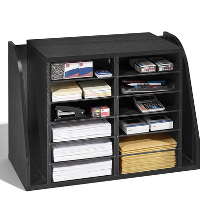 Literature Organizer, 12 Compartments, Side File Slots, Black
