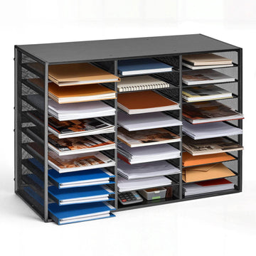 Literature Organizer, 27-Compartment Metal Mail Sorter, Wood Top