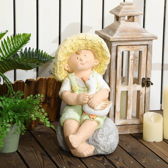 Weatherproof 43cm Straw Hat Boy Garden Statue Decor