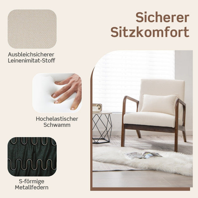 Woonkamer loungestoel, gewatteerd, houten armleuningen, beige
