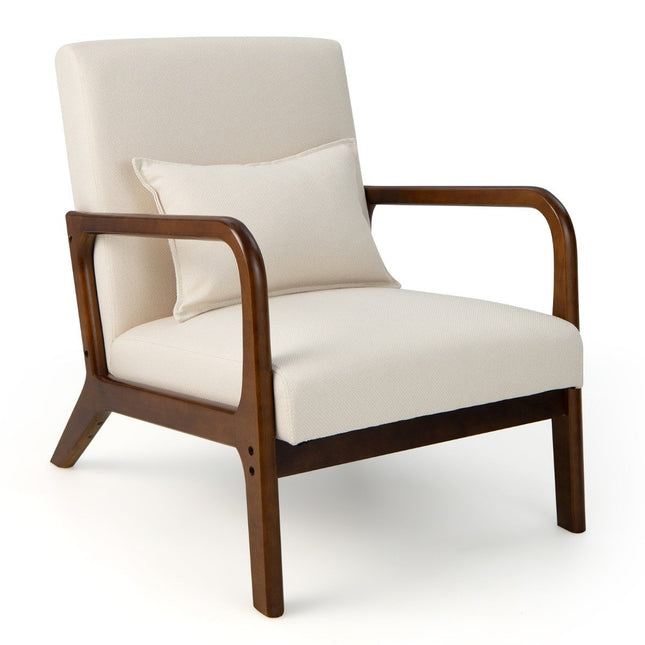 Woonkamer loungestoel, gewatteerd, houten armleuningen, beige