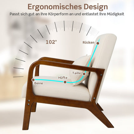 Living Room Lounge Chair, Padded, Wood Armrests, Beige
