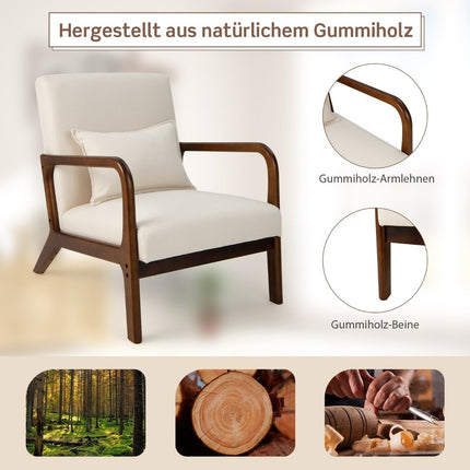 Living Room Lounge Chair, Padded, Wood Armrests, Beige