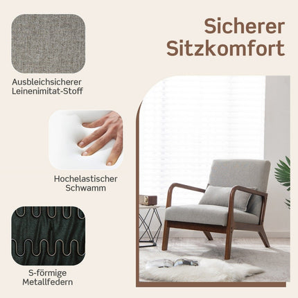 Living Room Lounge Chair, Padded, Wood Arms, 65x79x77 cm, Gray