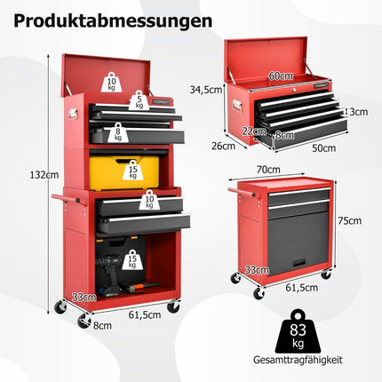 Lockable 2-in-1 High Capacity Tool Chest Handle 6 Drawers & 4 Wheels Red + Black