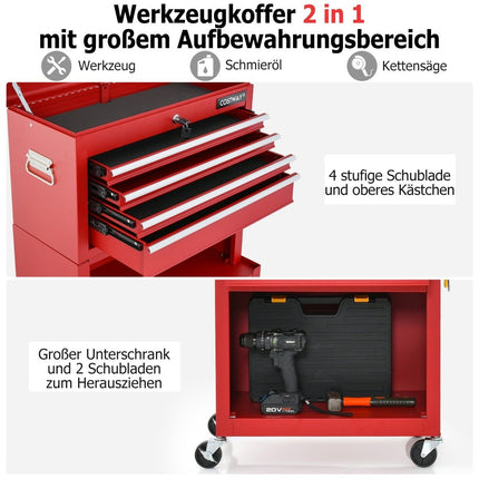 Lockable 2-in-1 Tool Chest with High Capacity Handle 6 Drawers & 4 Wheels Removable Red