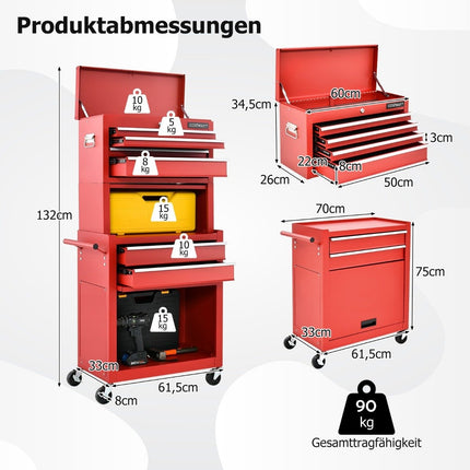 Lockable 2-in-1 Tool Chest with High Capacity Handle 6 Drawers & 4 Wheels Removable Red