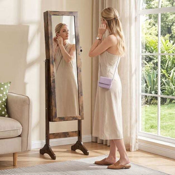 Lockable Brown Jewelry Cabinet with Full-Length Mirror