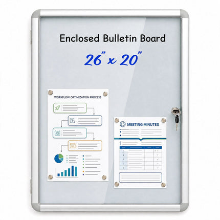 Lockable Display Case, Magnetic Whiteboard, 84x54 cm, Silver