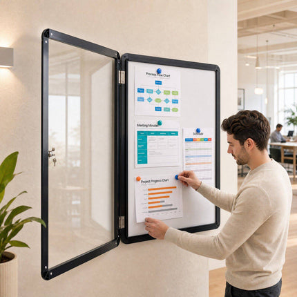 Lockable Display Case, Magnetic & Writable, 90x65 cm, Black
