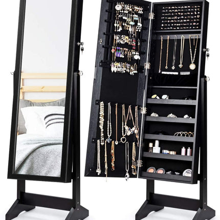 Lockable Jewelry Armoire with Full-Length Mirror, Black