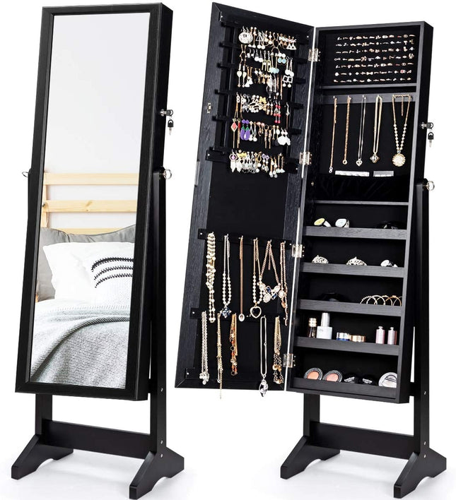 Lockable Jewelry Armoire with Full-Length Mirror, Black