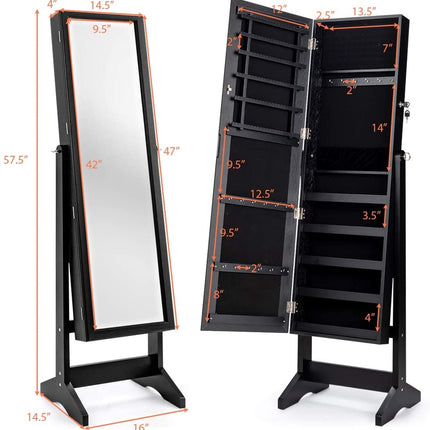 Lockable Jewelry Armoire with Full-Length Mirror, Black