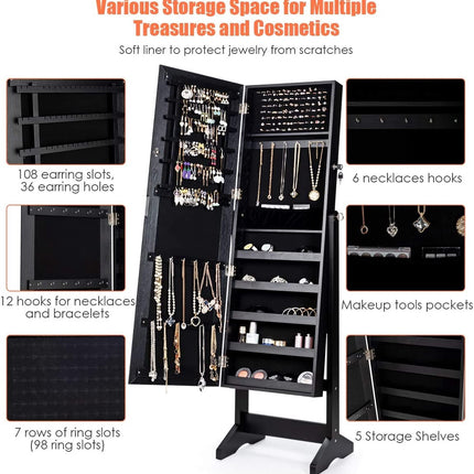Lockable Jewelry Armoire with Full-Length Mirror, Black