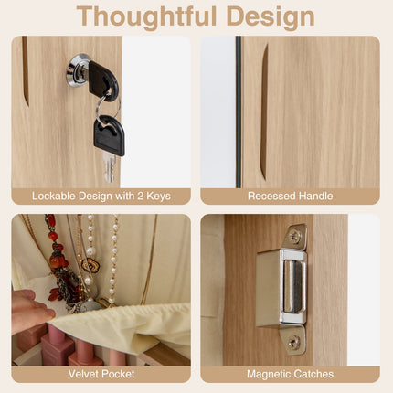 Lockable Jewelry Cabinet With Mirror, LED, Wall Mount