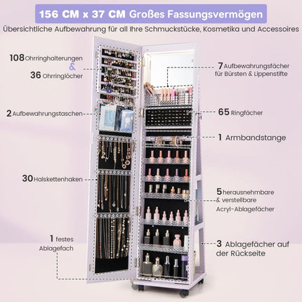 Lockable Jewelry Cabinet with Mirror, Adjustable Shelves, LED