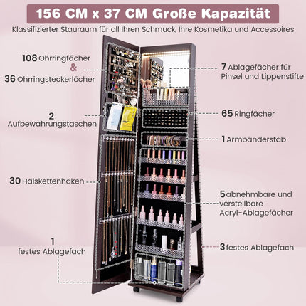 Lockable Jewelry Cabinet with Mirror, LED, Adjustable Shelves