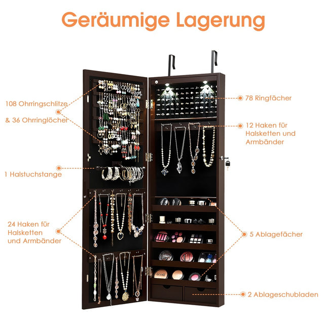 Lockable LED Jewelry Cabinet with Full-Length Mirror