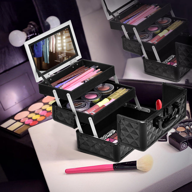 Lockable Makeup Train Case With Mirror, Trays, Black