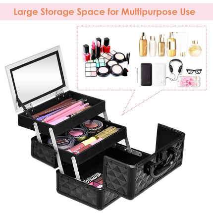 Lockable Makeup Train Case With Mirror, Trays, Black