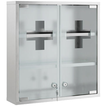 Lockable Medicine Cabinet, Glass Door, 6 Shelves, Silver