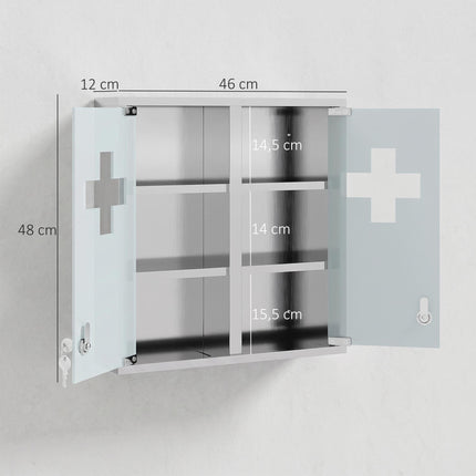 Lockable Medicine Cabinet, Glass Door, 6 Shelves, Silver