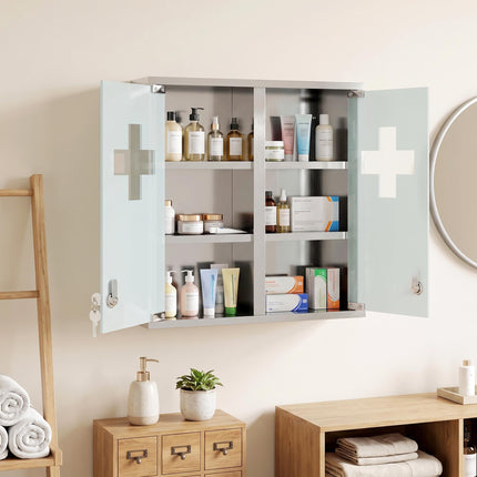 Lockable Medicine Cabinet, Glass Door, 6 Shelves, Silver