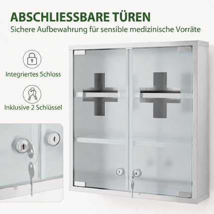 Lockable Medicine Cabinet, Glass Door, 6 Shelves, Silver