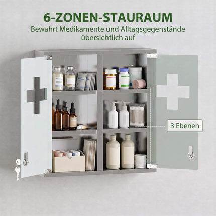 Lockable Medicine Cabinet, Glass Door, 6 Shelves, Silver
