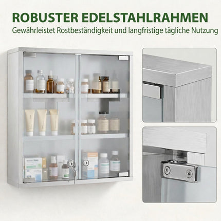 Lockable Medicine Cabinet, Glass Door, 6 Shelves, Silver
