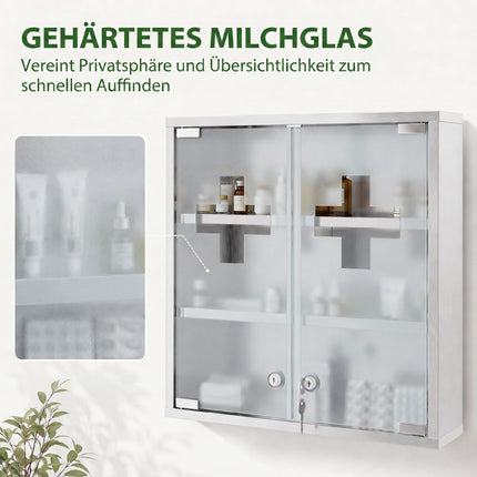 Lockable Medicine Cabinet, Glass Door, 6 Shelves, Silver