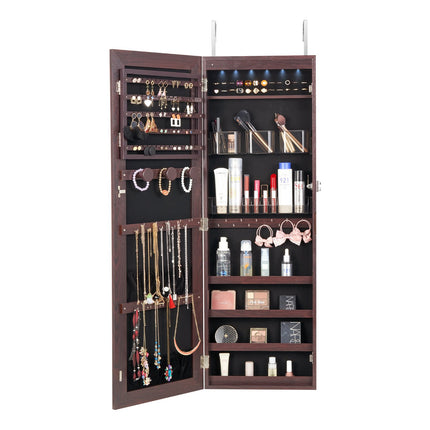 Lockable Mirror Jewelry Cabinet, 42.5 in, LED, Brown