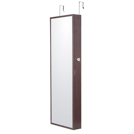 Lockable Mirror Jewelry Cabinet, 42.5 in, LED, Brown