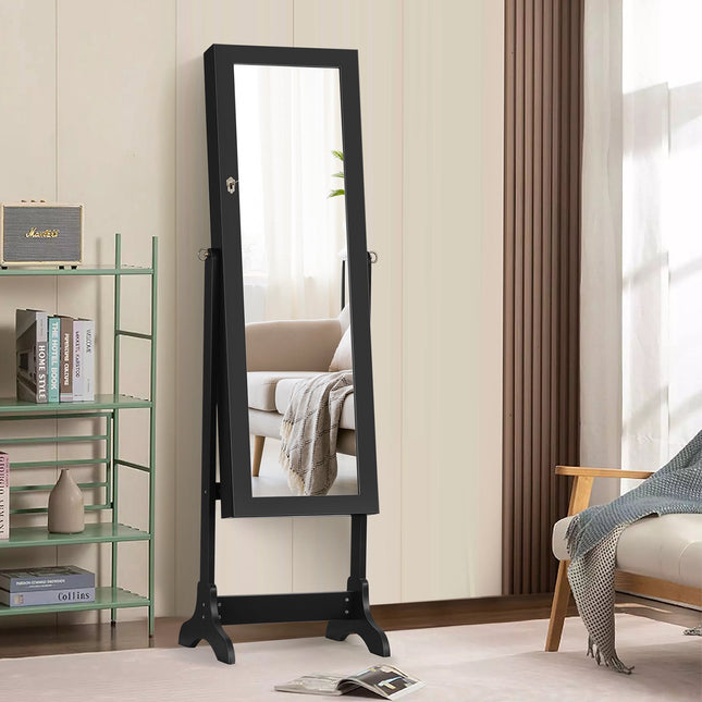 Lockable Mirrored Jewelry Cabinet, Full-Length Mirror, Black