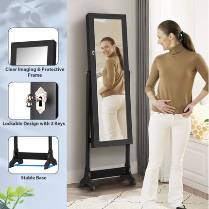 Lockable Mirrored Jewelry Cabinet, Full-Length Mirror, Black