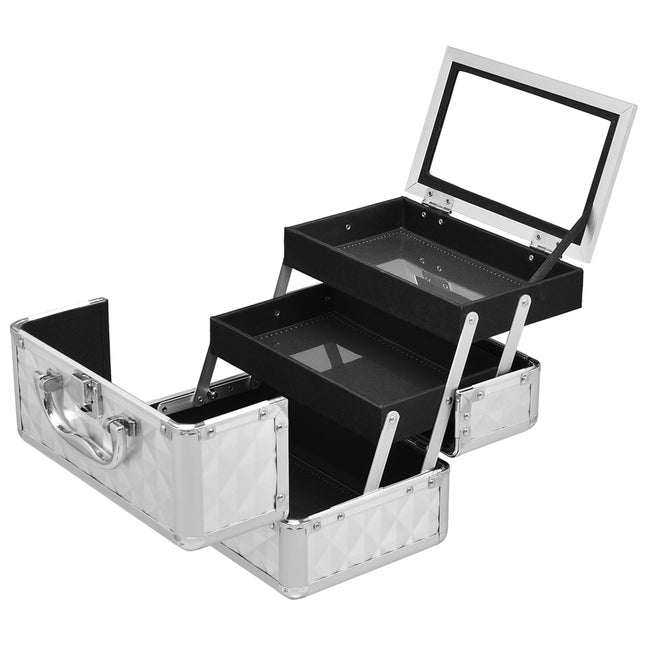 Lockable Portable Makeup Train Case, Mirror, Silver