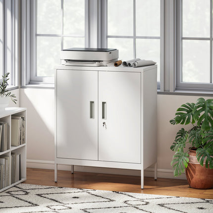 Lockable Steel Cabinet, 2 Doors, Adjustable Shelves, White